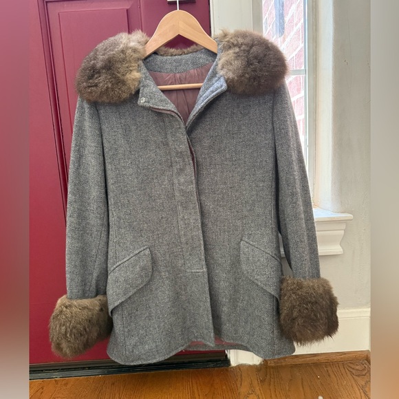 Vintage Devon Hall Gray Wool Coat with Fur Trim